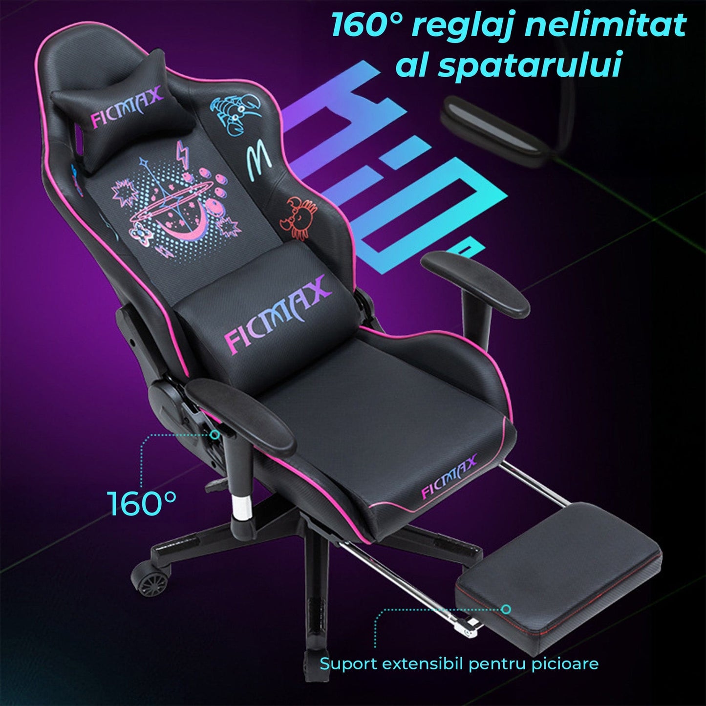 Scaun Gaming Timebox, Reglaj Spatar 160°, Suport Picioare Extensibil, Tetiera si Perna Lombara, Cadrul Metalic Rezistent, Material Premium, Ajustare 3D a Bratelor – Negru/Roz