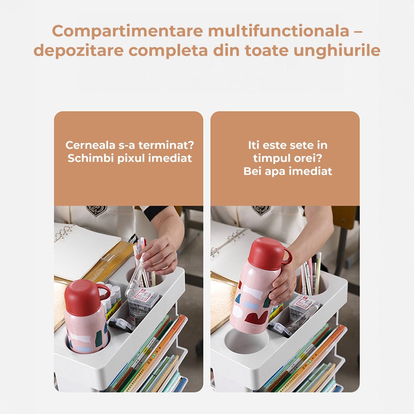 Etajera Multifunctionala cu 5 Rafturi pe Roti – Suport Mobil pentru Carti, Birou, Machiaj sau Bucatarie, Design Modern Fara Gaurire, Ideala pentru Camera, Clasa sau Dormitor, Gri