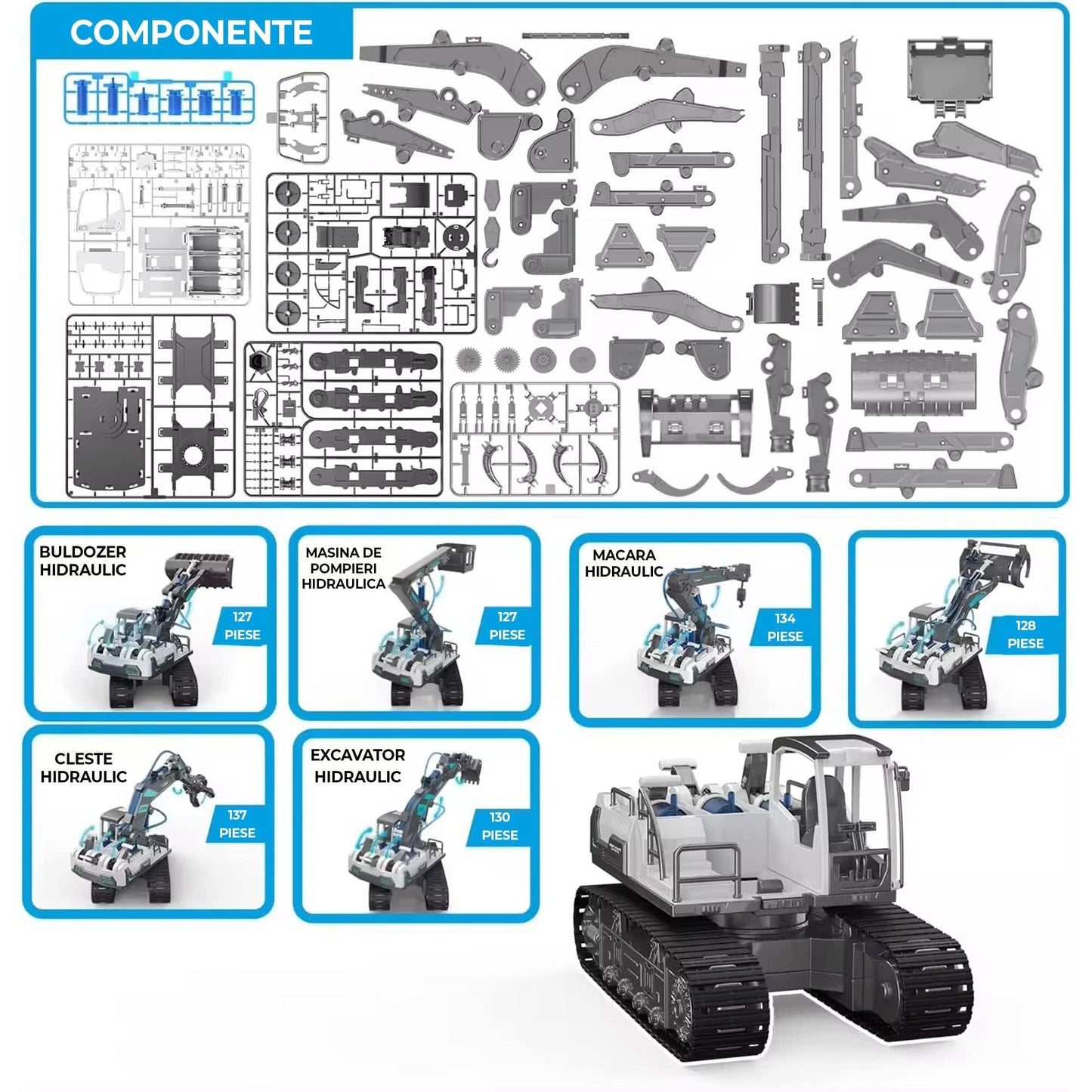 Set Educativ 6 in 1 de Constructie Hidraulica pentru Copii 8–12 Ani – Excavatoare, Macara si Incarcator Lemne, Joc Interactiv STEM
