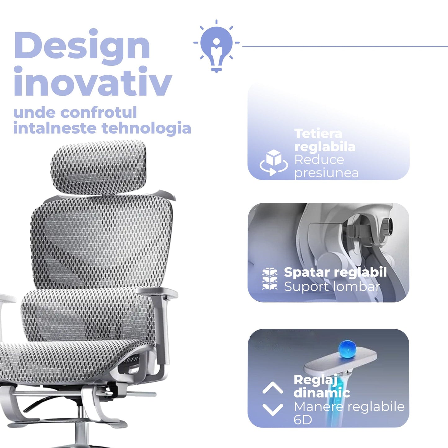 Scaun birou ergonomic Timebox, Plasa mesh respirabil, Tetiera, 4D armrest, Reglaj inaltime si adancime sezut, Suport picioare rabatabil, Spatar cu suport lombar ajustabil, Rotativ cu roti, Gri