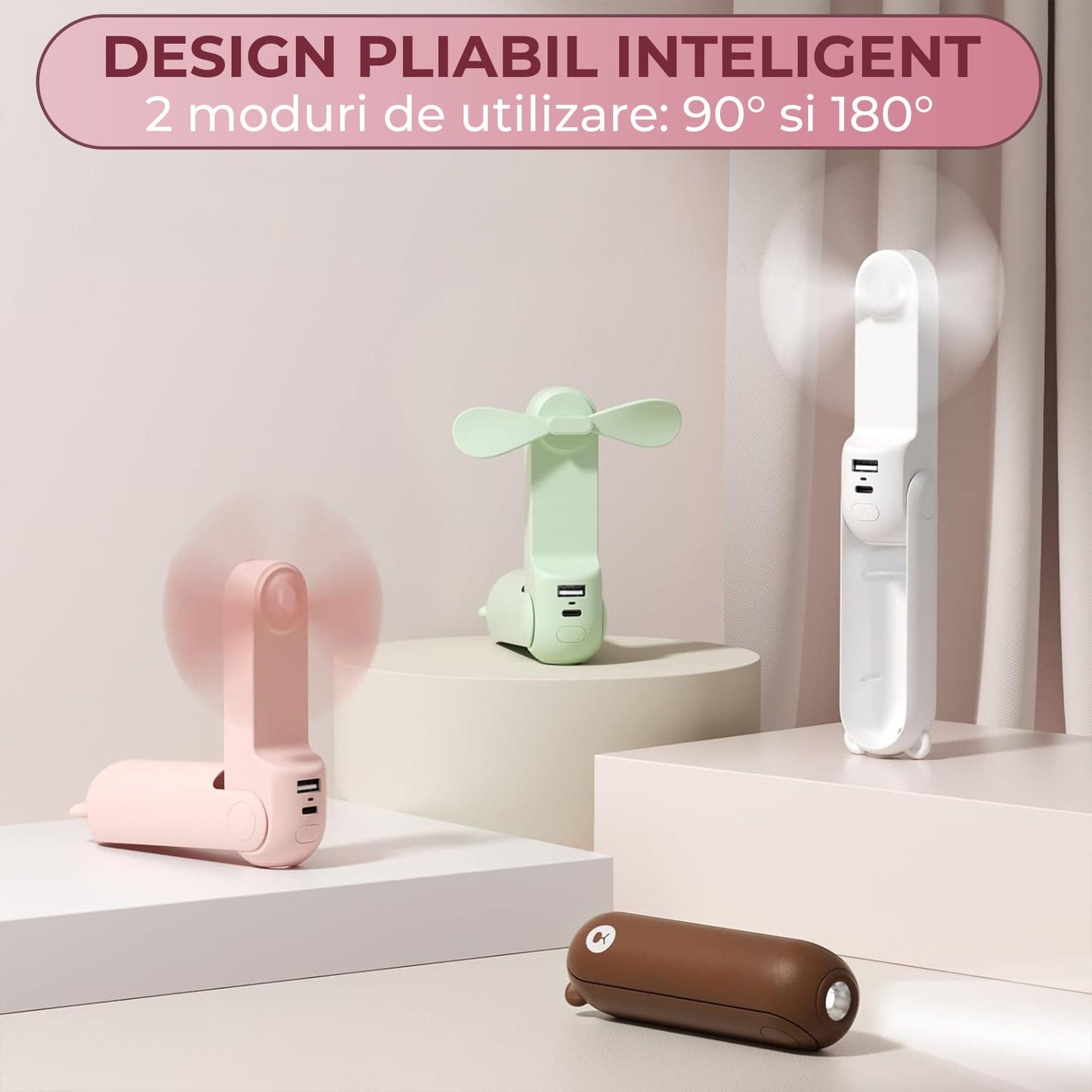 Mini Ventilator Portabil 3 in 1 – Reincarcabil USB, cu Power Bank si Lanterna, Design Compact pentru Calatorii, Vara, Concerte sau Birou, Autonomie 12–19 Ore, Roz