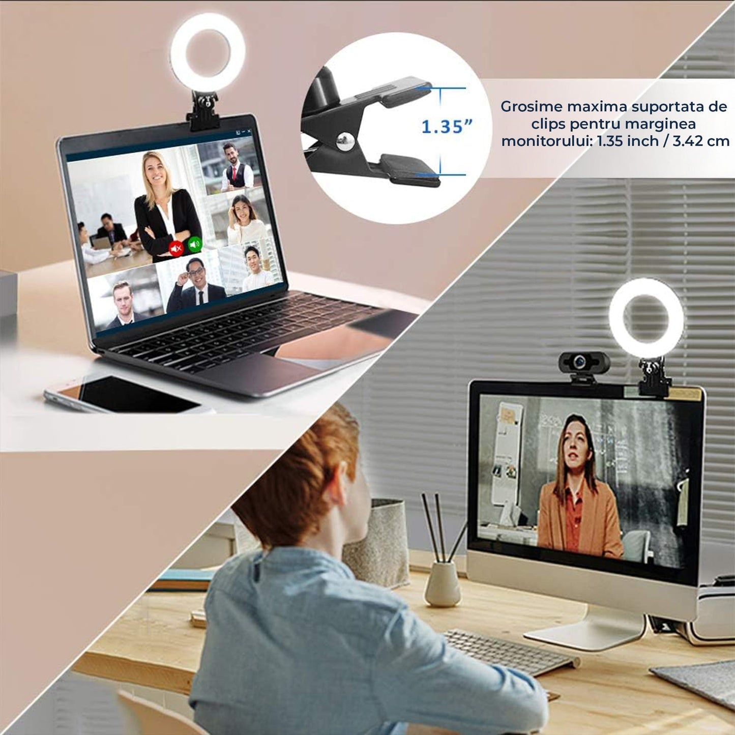 Lampa LED Ring Light pentru Videoconferinte, Timebox, 3 Culori si 5 Niveluri de Luminozitate, Prindere pe Monitor, Alimentare USB, Ideala pentru Zoom, Live Streaming, Tiktok, Makeup sau Cursuri Online