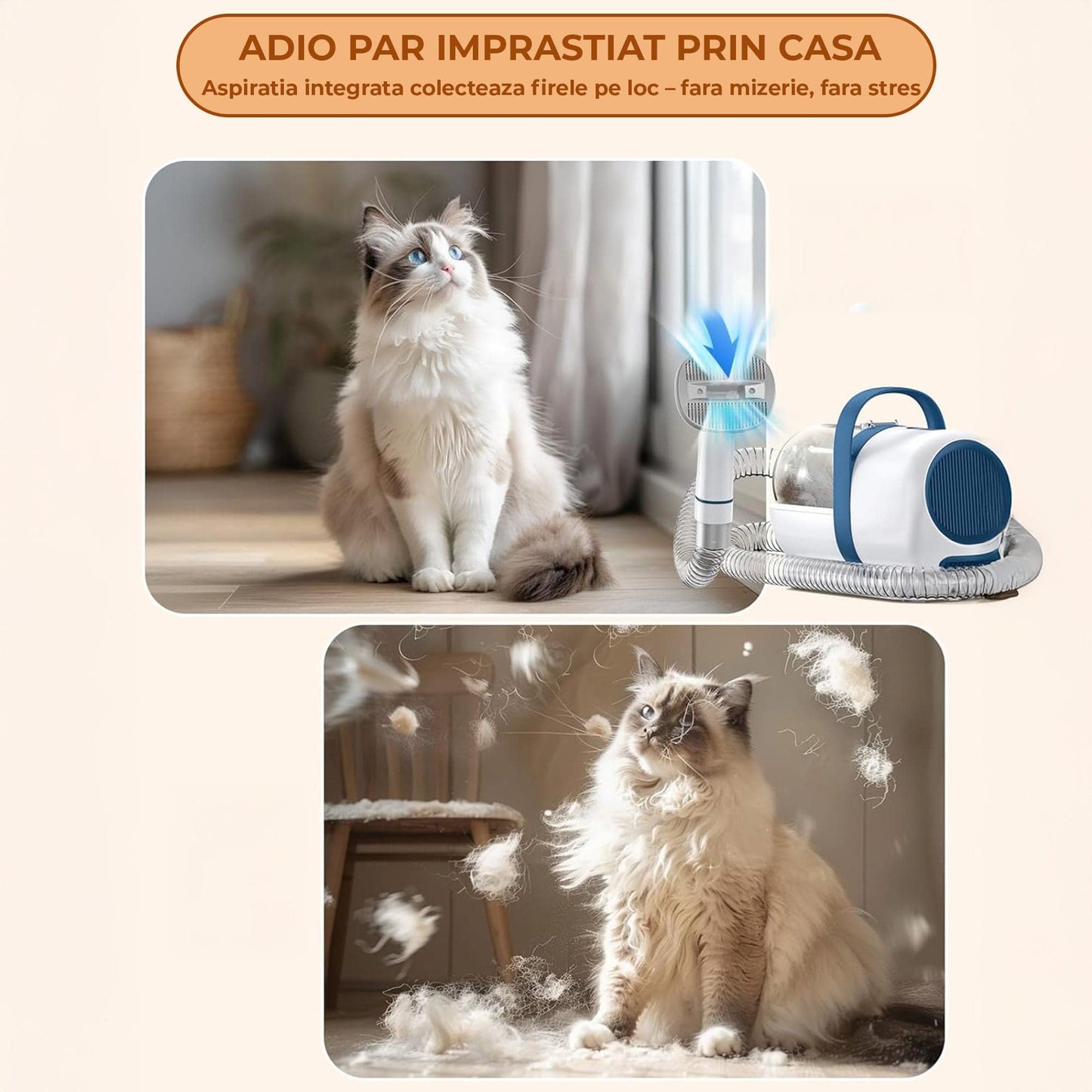 Aspirator Silentios pentru Ingrijirea Animalelor, Kit 6 in 1 cu Perie, Clipper si Trimmer, 48 dB Ultra Silentios, 3 Trepte de Viteza, Ideal pentru Tuns, Descurcat si Colectare Par, 1,5L Capacitate, Alb