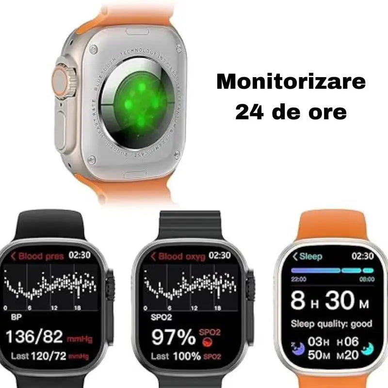 Smartwatch Ultra Plus 2.1" cu Apel Bluetooth, Monitorizare Sănătate (Ritm Cardiac, Oximetru, Somn, Calorii), 150+ Moduri Sport, Încărcare Wireless, rezistent, iOS & Android