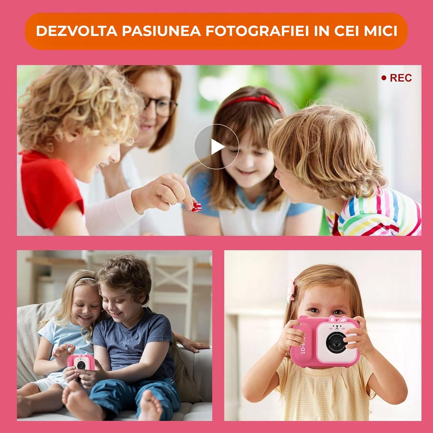 Camera Video Digitala pentru Copii cu Ecran Mare 2,4", Card 32GB, Trepied si Functie Selfie – 1080P HD, Cadou Educativ si Creativ pentru Baieti si Fetite 3-10 Ani, Ideala pentru Vlogging si Poze Amuzante, Roz