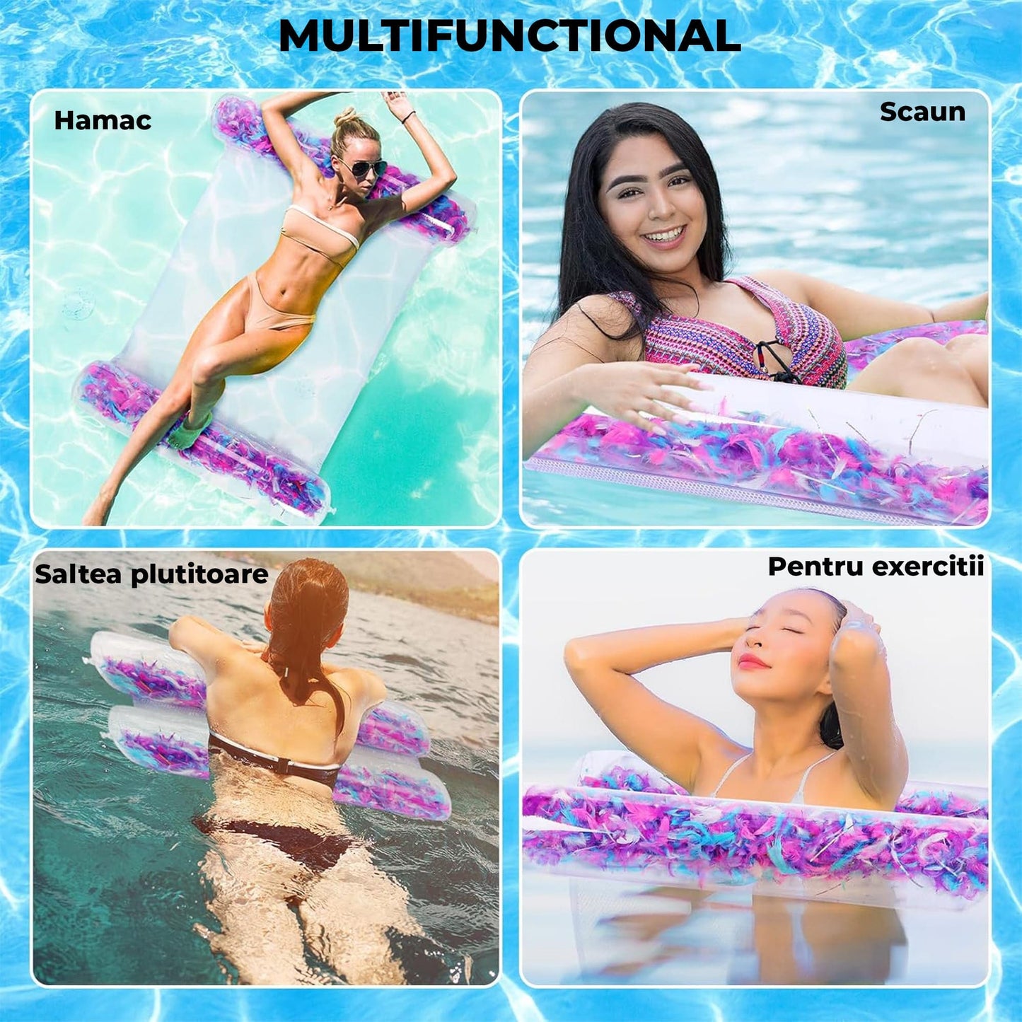 Colac Transparent cu Plasa si Pene pentru Piscina, Hamac Gonflabil Multifunctional pentru Adulti, Design Modern, Ideal pentru Plaja, Lac sau Mare, Usor de Transportat, Roz