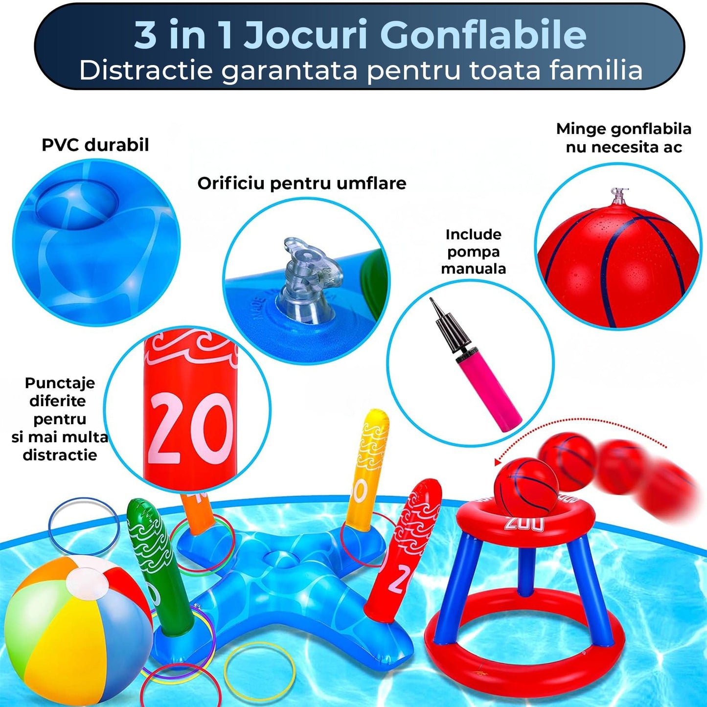 Set 3 in 1 Jocuri Gonflabile pentru Piscina – Cos Baschet Plutitor, Aruncare Inele si Minge de Plaja 30 cm, Ideal pentru Copii si Adulti, 6 Piese, Multicolor