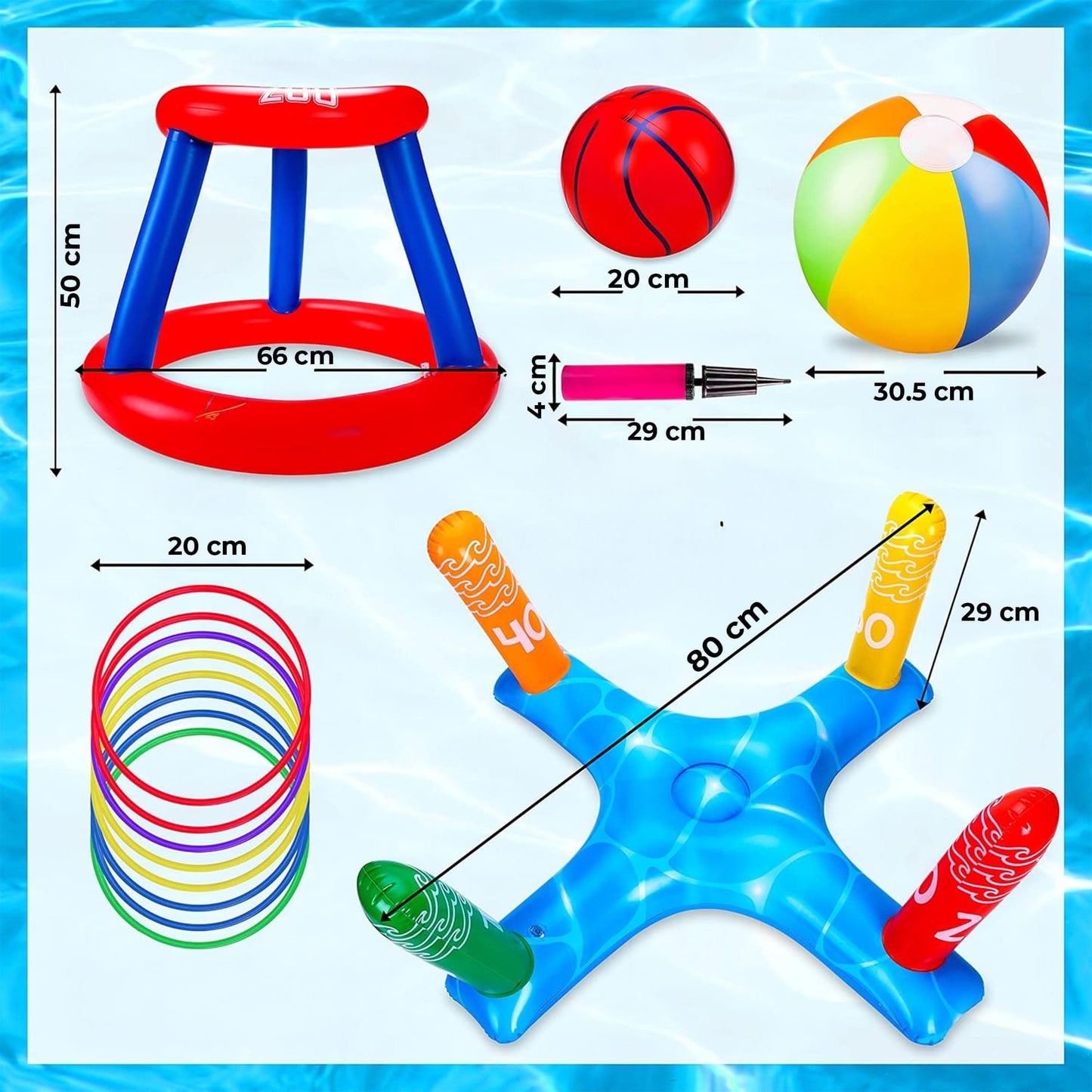 Set 3 in 1 Jocuri Gonflabile pentru Piscina – Cos Baschet Plutitor, Aruncare Inele si Minge de Plaja 30 cm, Ideal pentru Copii si Adulti, 6 Piese, Multicolor