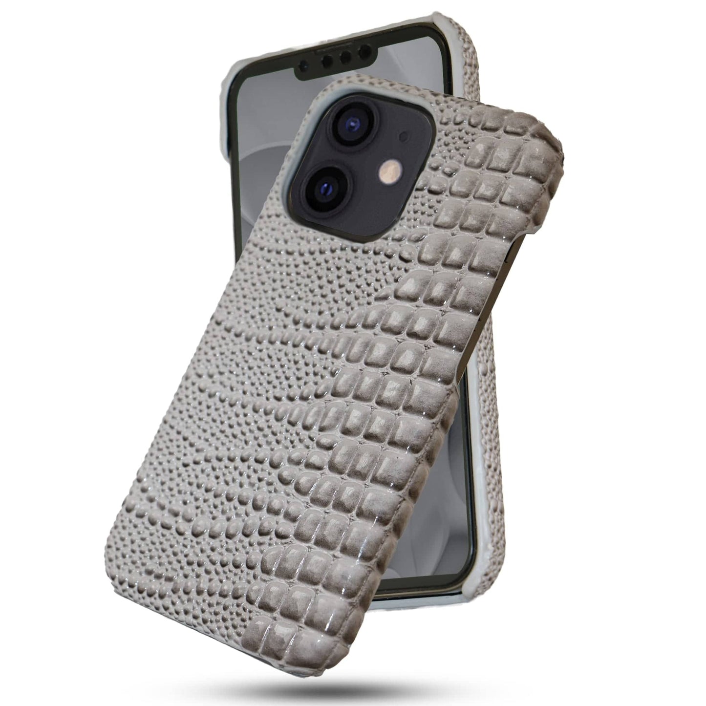 Husa de Protectie Timebox, Compatibila Apple iPhone 12, Microfibra in Interior, stil Piele de sarpe, Gri
