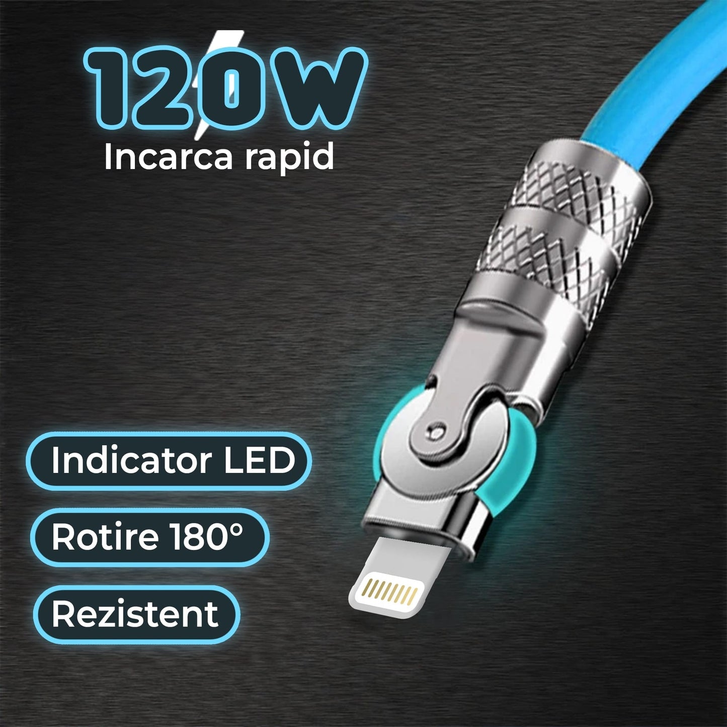 Cablu Date si Incarcare Rapida Timebox, 120W, Rotire 180 grade, QC 3,0, USB, Lightning Apple, 2m, Indicator LED, Albastru