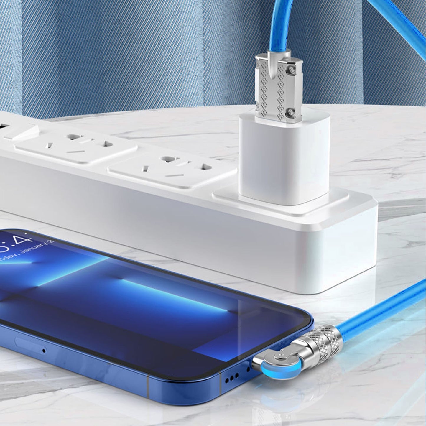 Cablu Date si Incarcare Rapida Timebox, 120W, Rotire 180 grade, QC 3,0, USB, Lightning Apple, 2m, Indicator LED, Albastru