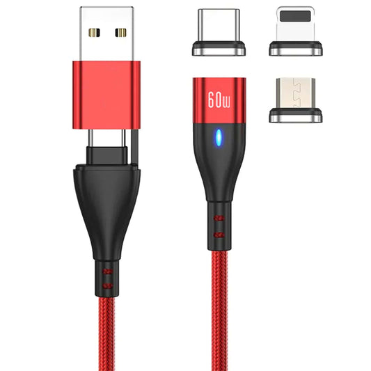 Cablu de date si Incarcare Rapida, 6 in 1, QC 3,0, 60W, 2m, USB, Type C, Lightning Apple, Micro, Rosu