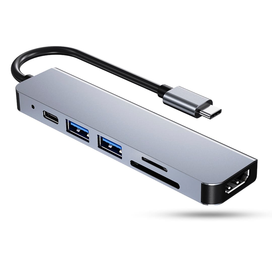 Hub USB 6 in 1, Type-C / USB 3,0, Cu Port HDMI 4K, Card Reader TF/SD, 87W, 480 Mbps, 5 Gbps, Compatibil laptop MacBook, PC, Aluminiu, Argintiu