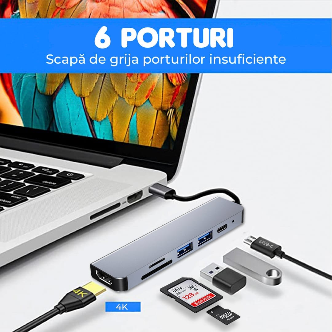 Hub USB 6 in 1, Type-C / USB 3,0, Cu Port HDMI 4K, Card Reader TF/SD, 87W, 480 Mbps, 5 Gbps, Compatibil laptop MacBook, PC, Aluminiu, Argintiu