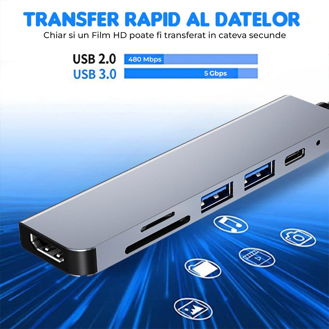 Hub USB 6 in 1, Type-C / USB 3,0, Cu Port HDMI 4K, Card Reader TF/SD, 87W, 480 Mbps, 5 Gbps, Compatibil laptop MacBook, PC, Aluminiu, Argintiu