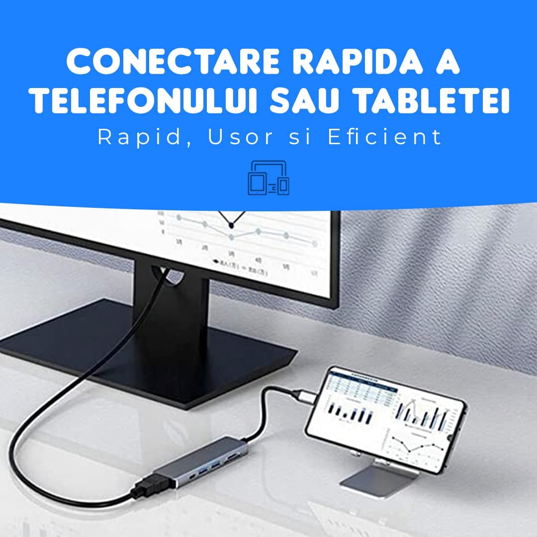 Hub USB 6 in 1, Type-C / USB 3,0, Cu Port HDMI 4K, Card Reader TF/SD, 87W, 480 Mbps, 5 Gbps, Compatibil laptop MacBook, PC, Aluminiu, Argintiu