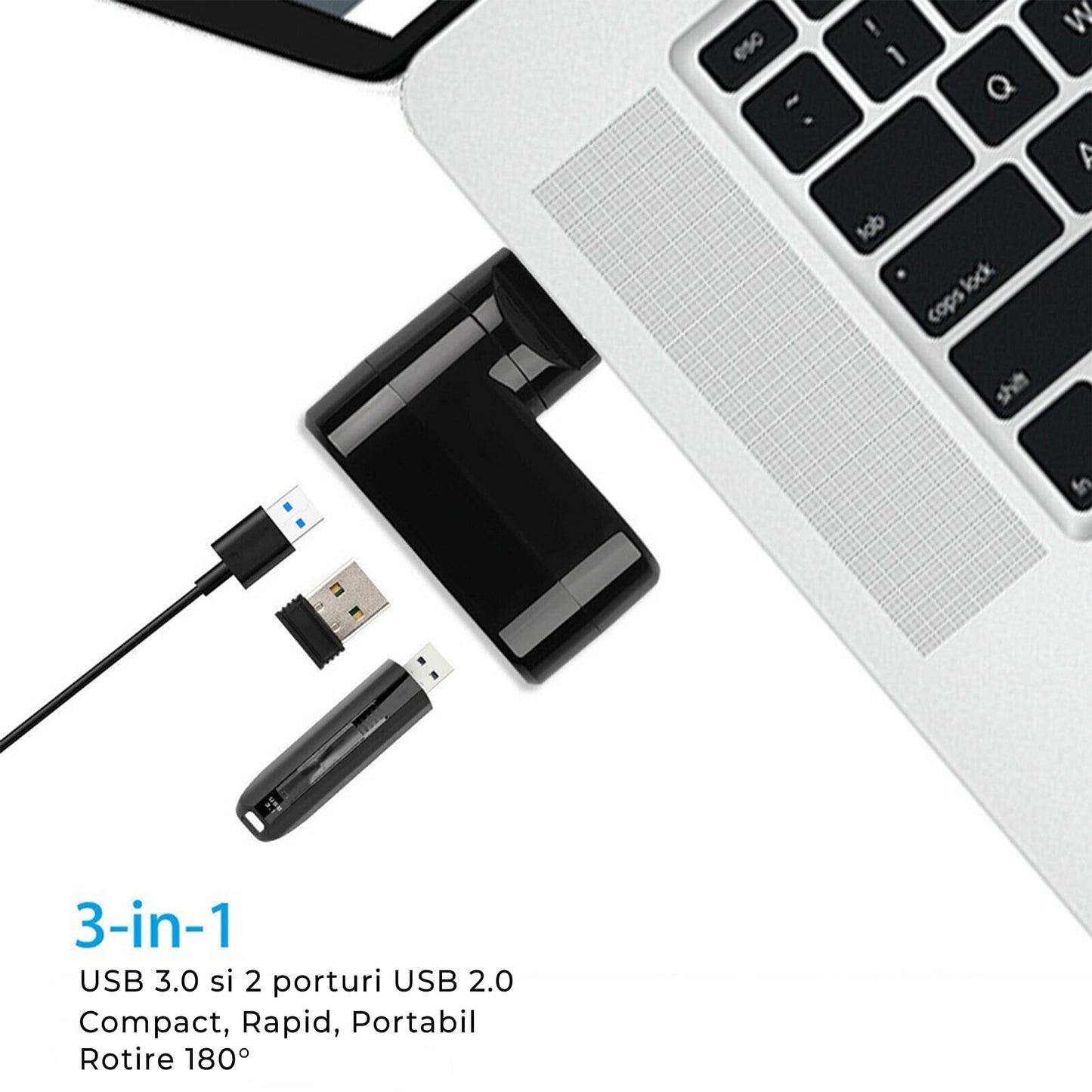Hub USB extern 3 in 1, Rotativ 180 grade, Adaptor cu 3 porturi, USB 3,0, Splitter, Compatibil Laptop, MacBook, PC, Negru
