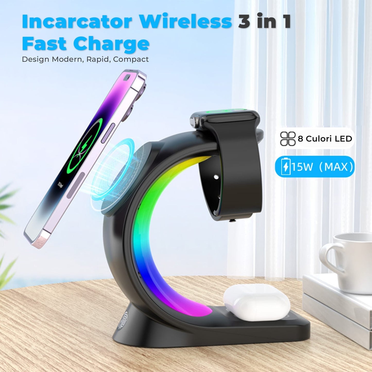 Incarcator Wireless Timebox, 3 In 1, Fast Charge 15W, Magsafe, Compatibil cu iPhone, Android, Samsung, Airpods, Apple Watch, Huawei, Xiaomi, Lumini RGB