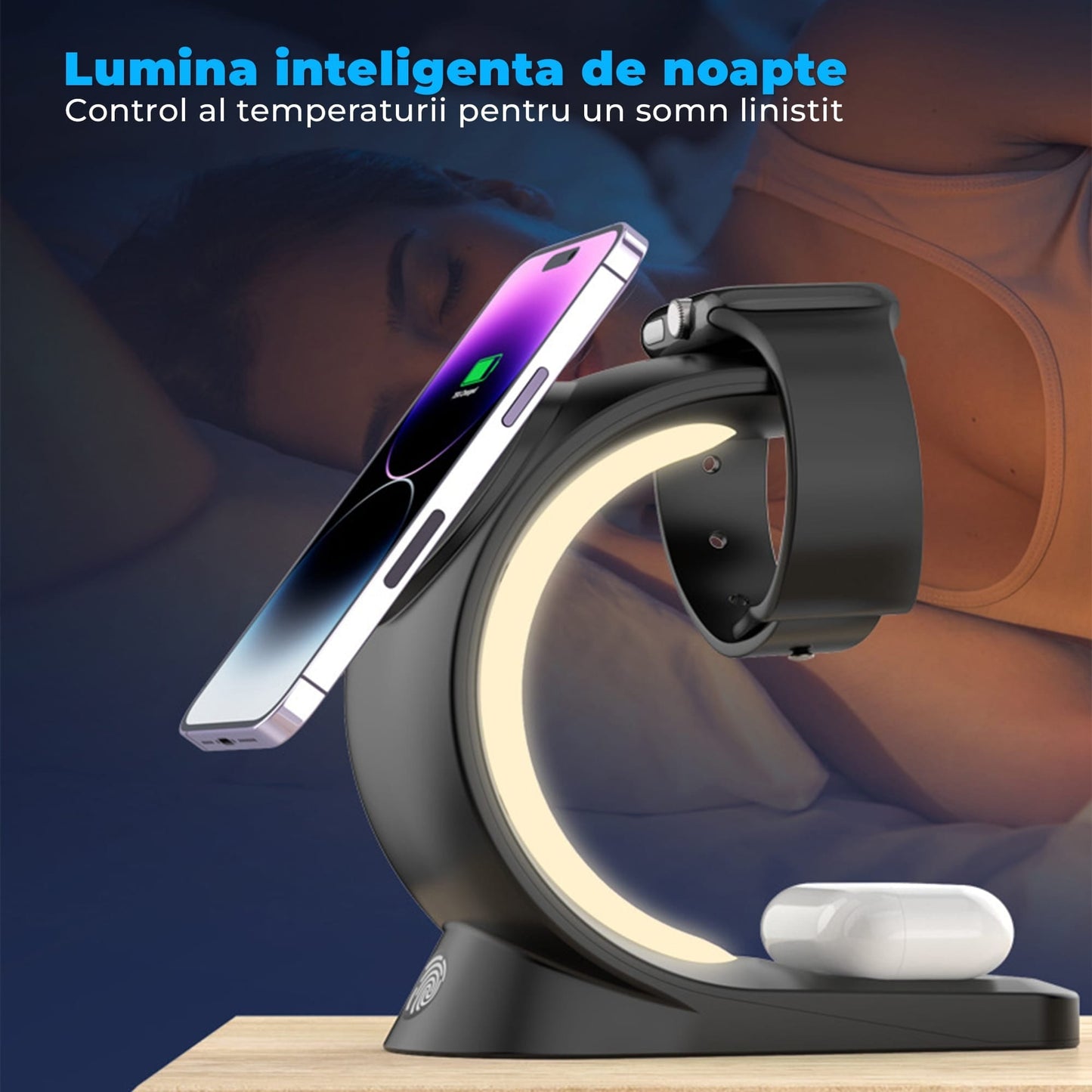Incarcator Wireless Timebox, 3 In 1, Fast Charge 15W, Magsafe, Compatibil cu iPhone, Android, Samsung, Airpods, Apple Watch, Huawei, Xiaomi, Lumini RGB