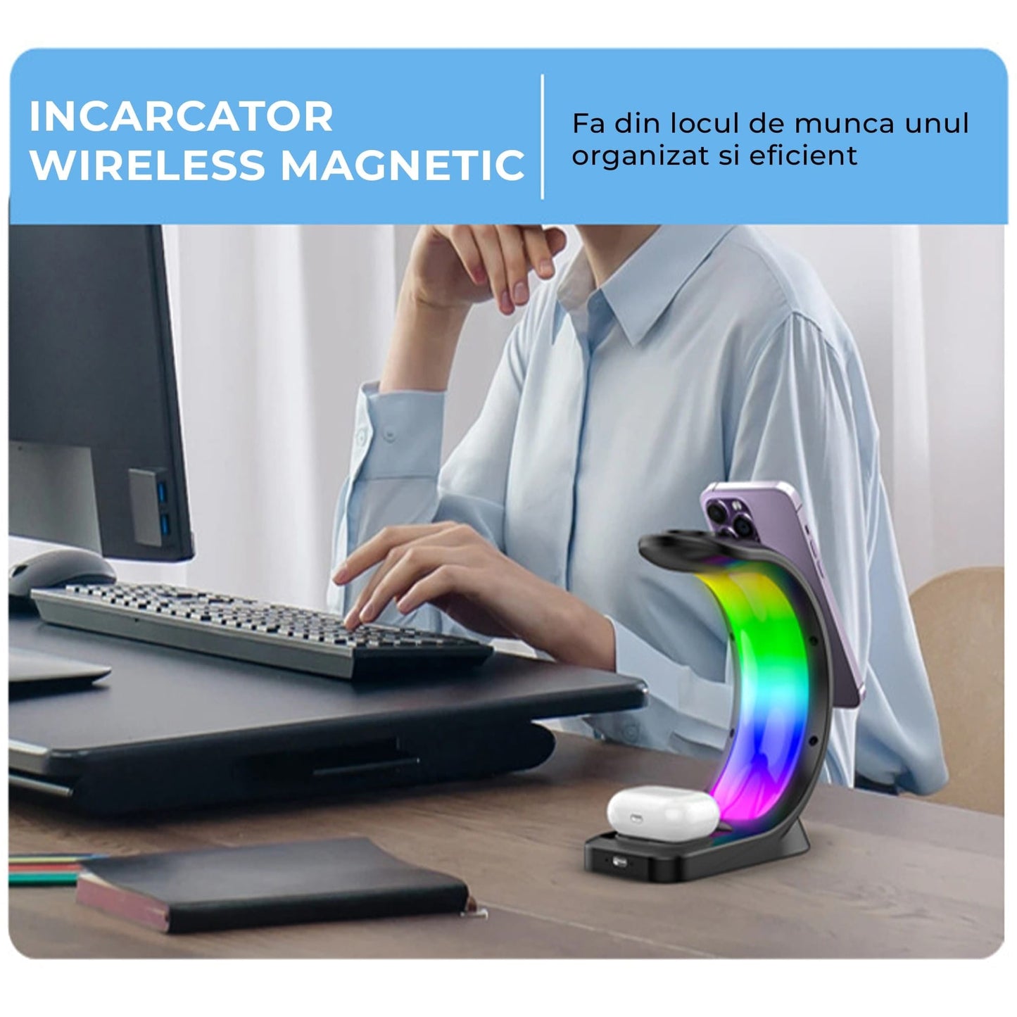 Incarcator Wireless Timebox, 3 In 1, Fast Charge 15W, Magsafe, Compatibil cu iPhone, Android, Samsung, Airpods, Apple Watch, Huawei, Xiaomi, Lumini RGB