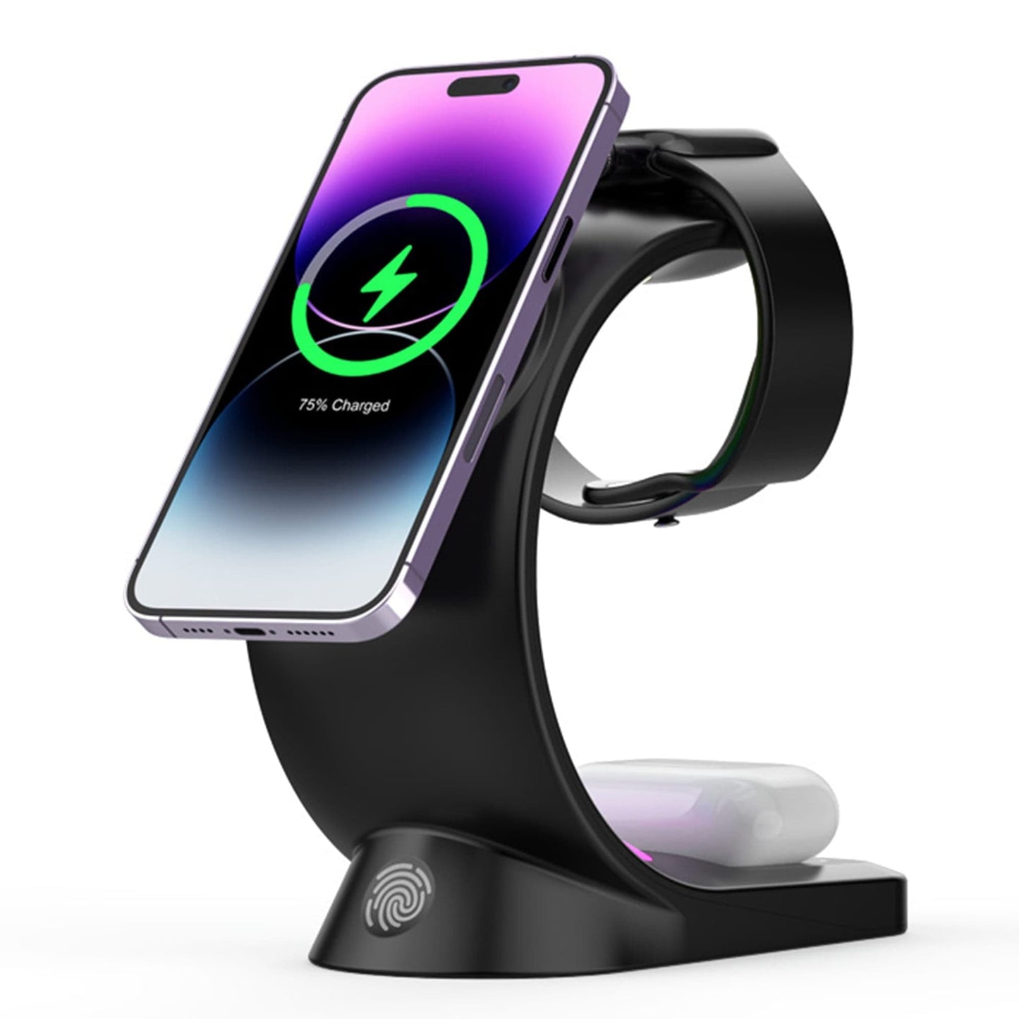 Incarcator Wireless Timebox, 3 In 1, Fast Charge 15W, Magsafe, Compatibil cu iPhone, Android, Samsung, Airpods, Apple Watch, Huawei, Xiaomi, Lumini RGB