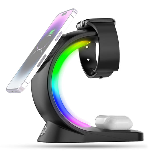 Incarcator Wireless Timebox, 3 In 1, Fast Charge 15W, Magsafe, Compatibil cu iPhone, Android, Samsung, Airpods, Apple Watch, Huawei, Xiaomi, Lumini RGB