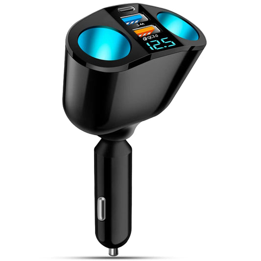 Adaptor priza auto multiplicator 120W, Timebox, 2x soclu auto, 2 x USB, 1 x USB-C, afisaj display voltaj, Negru