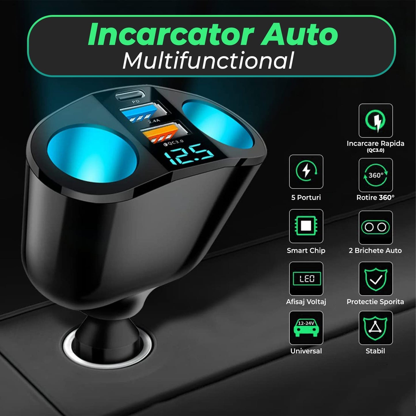 Adaptor priza auto multiplicator 120W, Timebox, 2x soclu auto, 2 x USB, 1 x USB-C, afisaj display voltaj, Negru