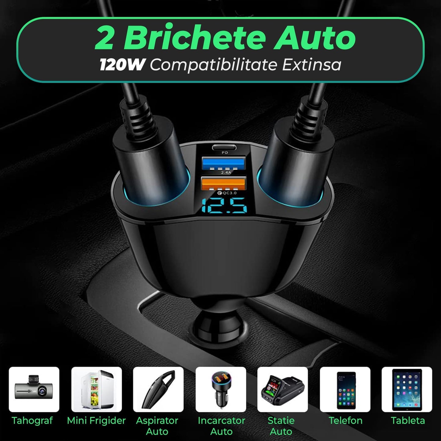 Adaptor priza auto multiplicator 120W, Timebox, 2x soclu auto, 2 x USB, 1 x USB-C, afisaj display voltaj, Negru