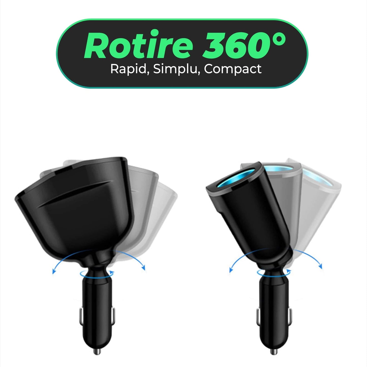 Adaptor priza auto multiplicator 120W, Timebox, 2x soclu auto, 2 x USB, 1 x USB-C, afisaj display voltaj, Negru