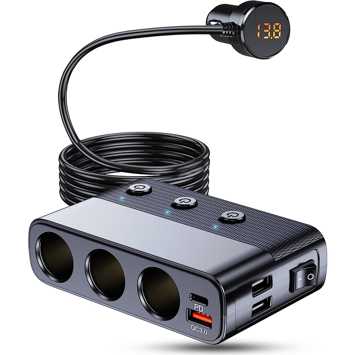 Adaptor priza Timebox, incarcator auto 7 in 1 multiplicator 128W, 3x soclu auto, 3 x USB, Q,C 3,0, 1 x USB-C, afisaj display voltaj, Negru