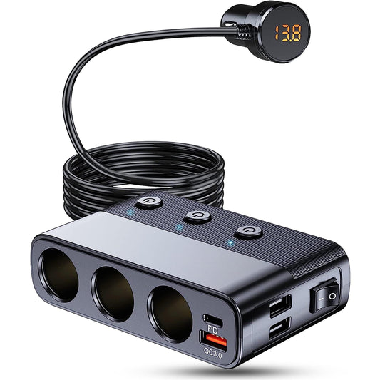 Adaptor priza Timebox, incarcator auto 7 in 1 multiplicator 128W, 3x soclu auto, 3 x USB, Q,C 3,0, 1 x USB-C, afisaj display voltaj, Negru