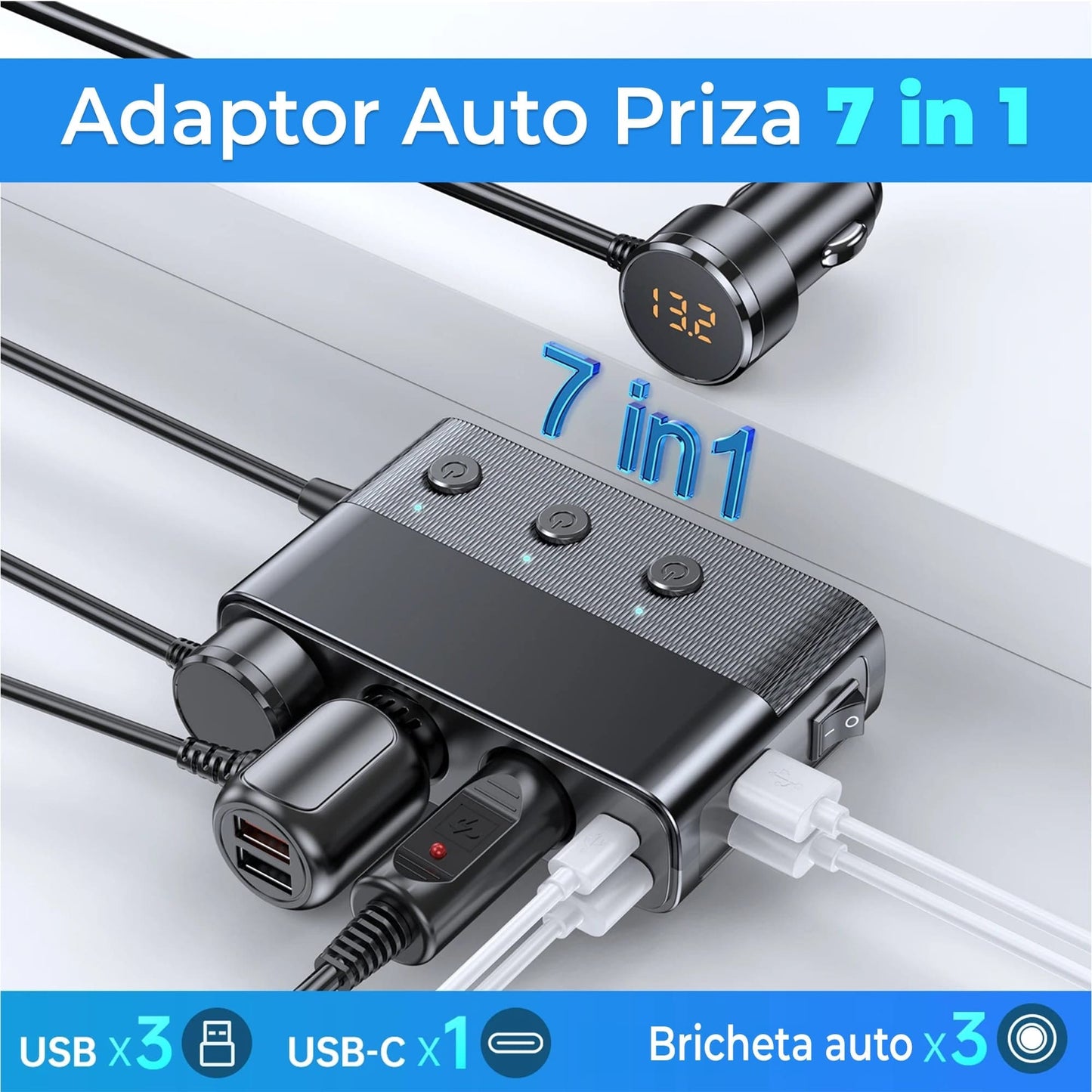 Adaptor priza Timebox, incarcator auto 7 in 1 multiplicator 128W, 3x soclu auto, 3 x USB, Q,C 3,0, 1 x USB-C, afisaj display voltaj, Negru