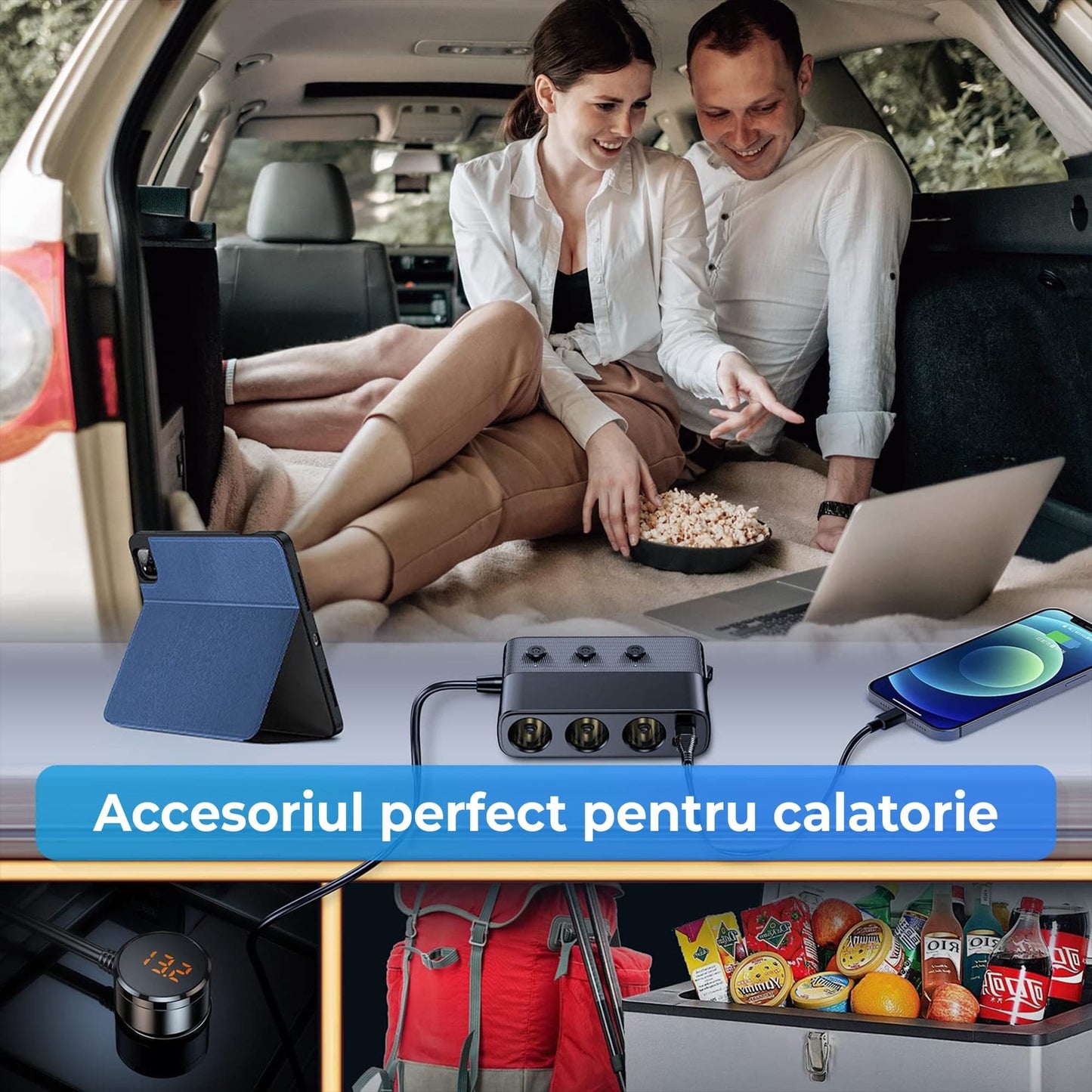 Adaptor priza Timebox, incarcator auto 7 in 1 multiplicator 128W, 3x soclu auto, 3 x USB, Q,C 3,0, 1 x USB-C, afisaj display voltaj, Negru