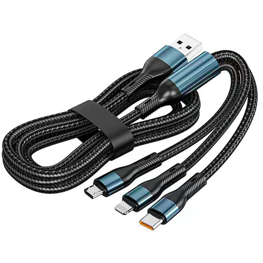 Cablu de date si incarcare Rapida, Timebox, 3 in 1, Nailon, Super Fast Charge 120W, USB, Type C, Lightning, Micro-USB, Albastru