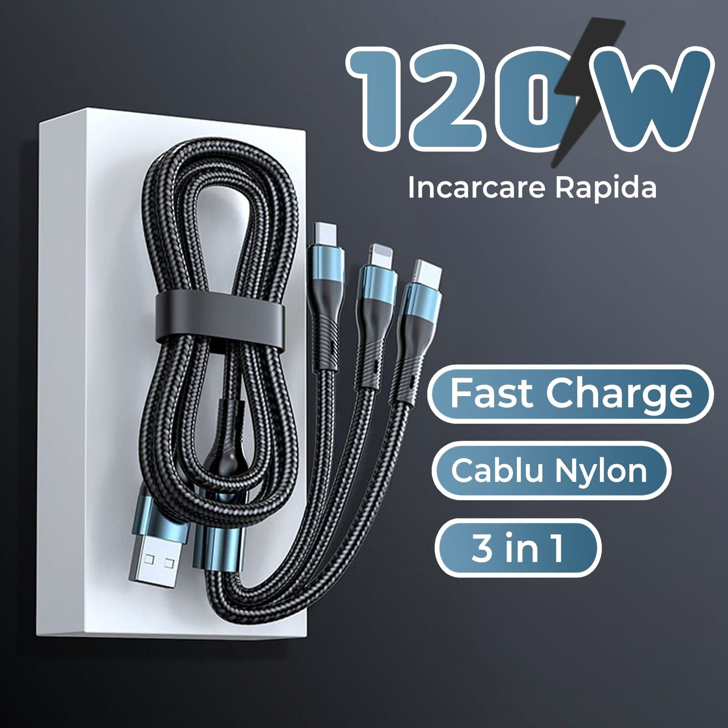 Cablu de date si incarcare Rapida, Timebox, 3 in 1, Nailon, Super Fast Charge 120W, USB, Type C, Lightning, Micro-USB, Albastru