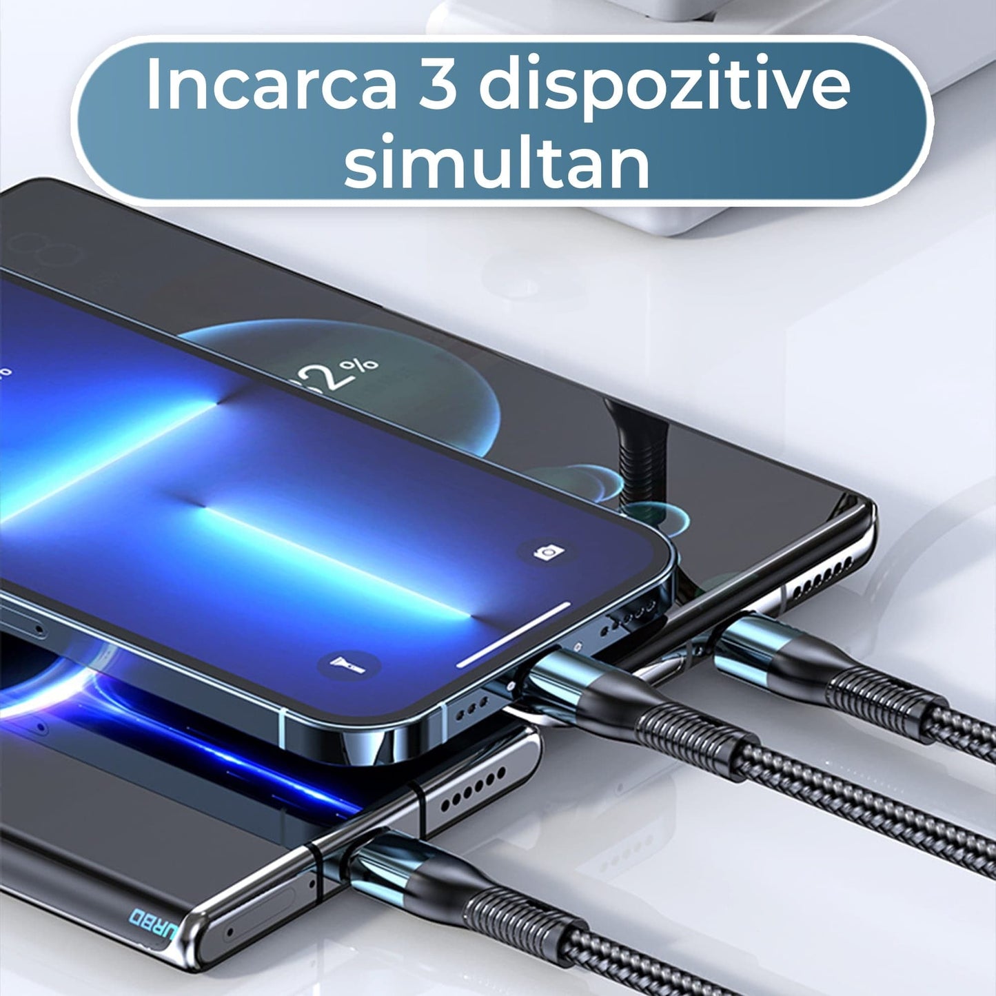 Cablu de date si incarcare Rapida, Timebox, 3 in 1, Nailon, Super Fast Charge 120W, USB, Type C, Lightning, Micro-USB, Albastru