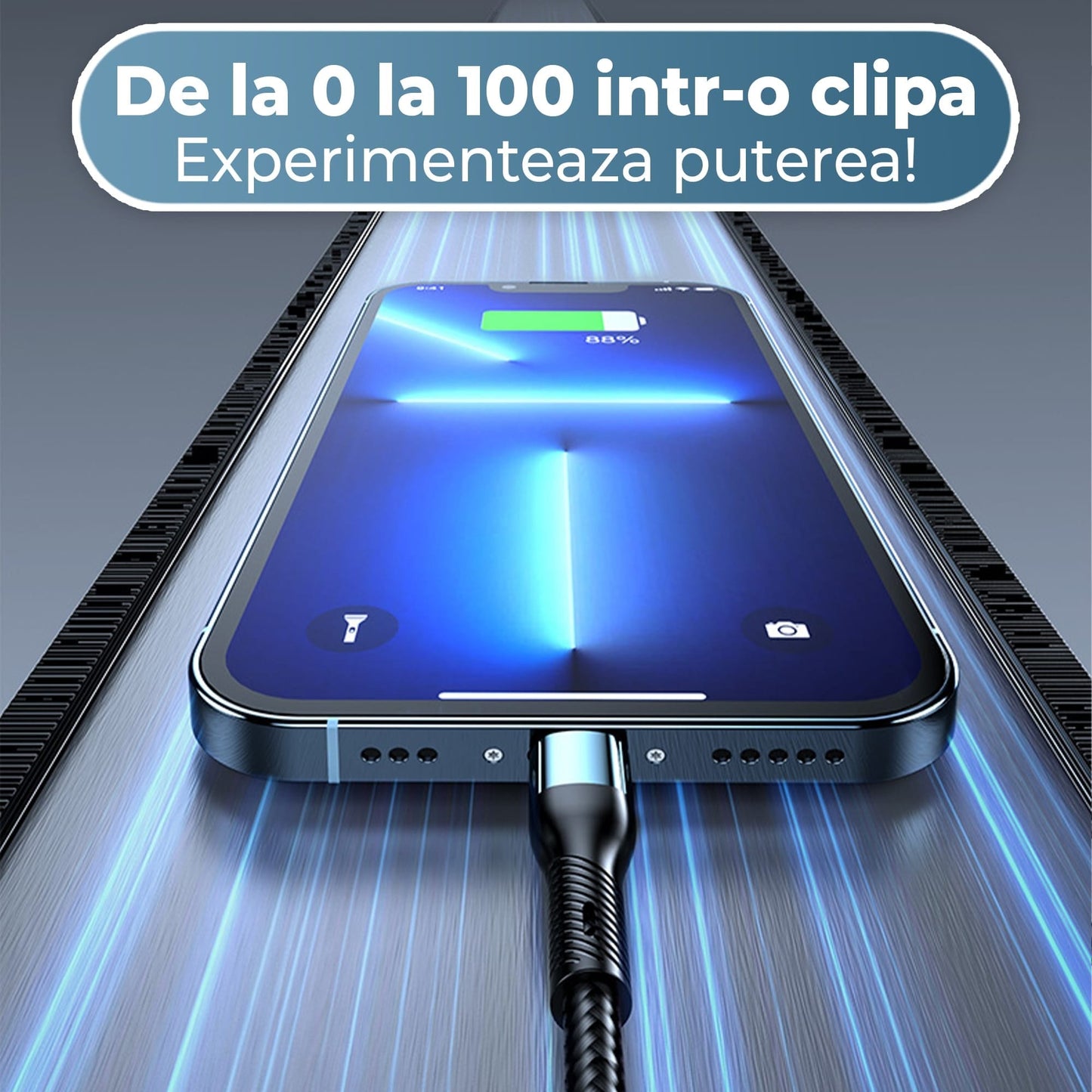 Cablu de date si incarcare Rapida, Timebox, 3 in 1, Nailon, Super Fast Charge 120W, USB, Type C, Lightning, Micro-USB, Albastru