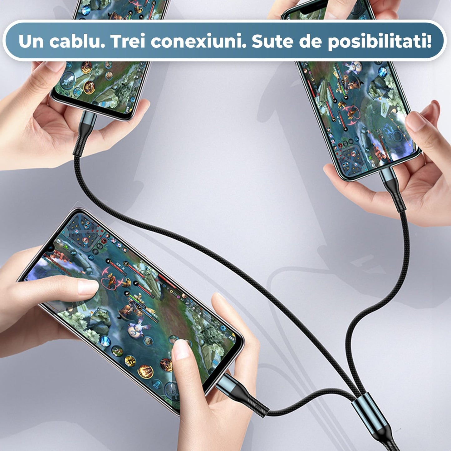 Cablu de date si incarcare Rapida, Timebox, 3 in 1, Nailon, Super Fast Charge 120W, USB, Type C, Lightning, Micro-USB, Albastru