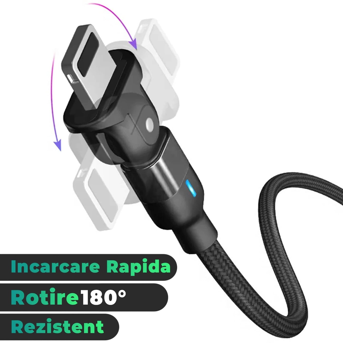 Cablu Date si Incarcare Rapida Timebox, 60W, Rotire 180 grade, QC 3,0, USB, Lightning, 1m, Indicator LED, Negru