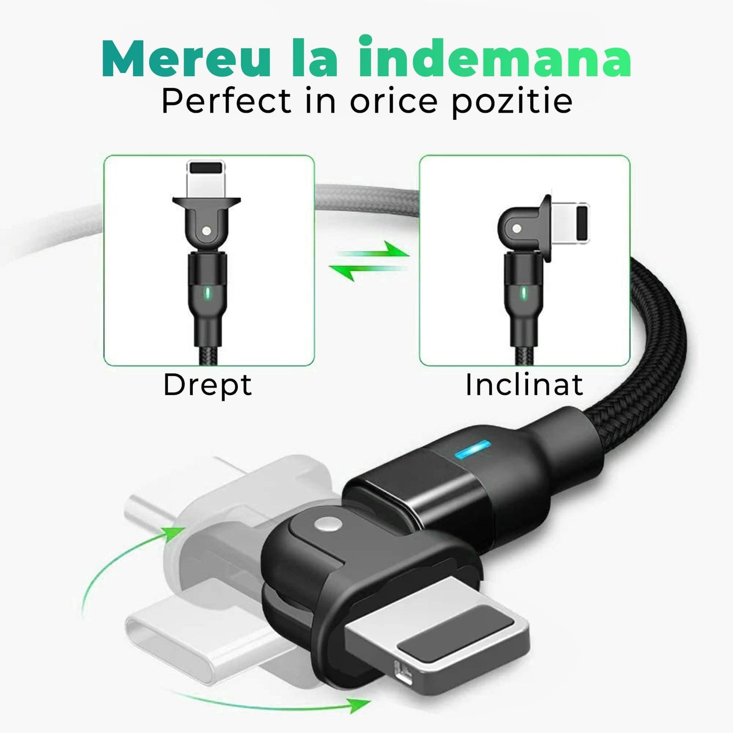 Cablu Date si Incarcare Rapida Timebox, 60W, Rotire 180 grade, QC 3,0, USB, Lightning, 1m, Indicator LED, Negru