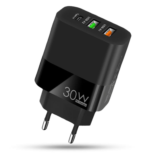 Incarcator Retea Timebox, 3 Porturi, 30W Fast Charge, 1 x Type-C, 2 x USB, LED, Negru