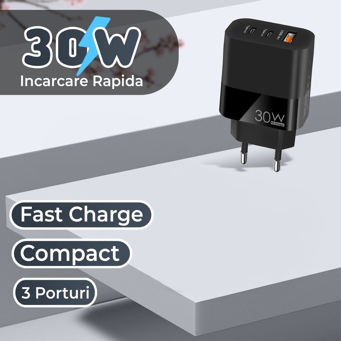 Incarcator Retea Timebox, 3 Porturi, 30W Fast Charge, 1 x Type-C, 2 x USB, LED, Negru