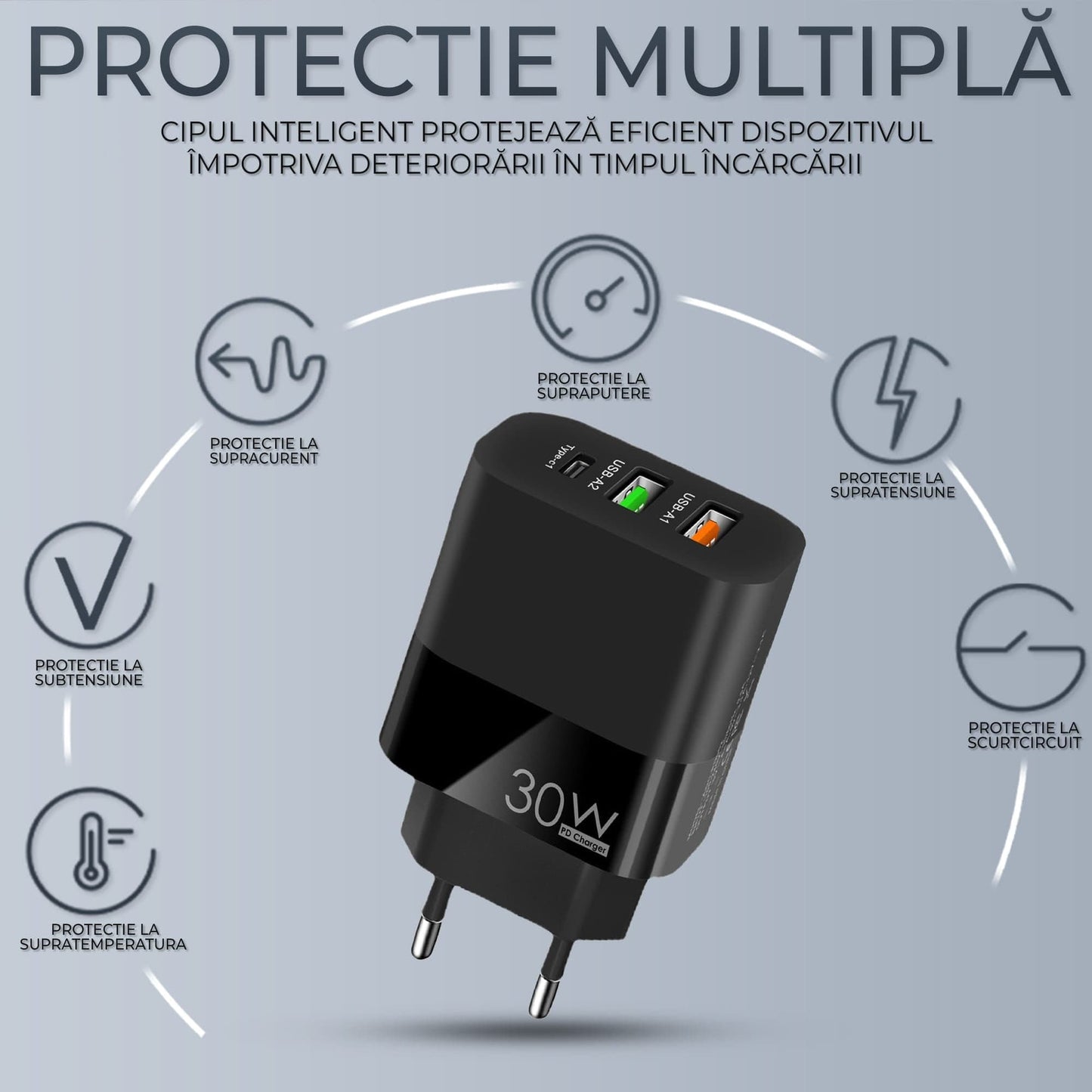 Incarcator Retea Timebox, 3 Porturi, 30W Fast Charge, 1 x Type-C, 2 x USB, LED, Negru