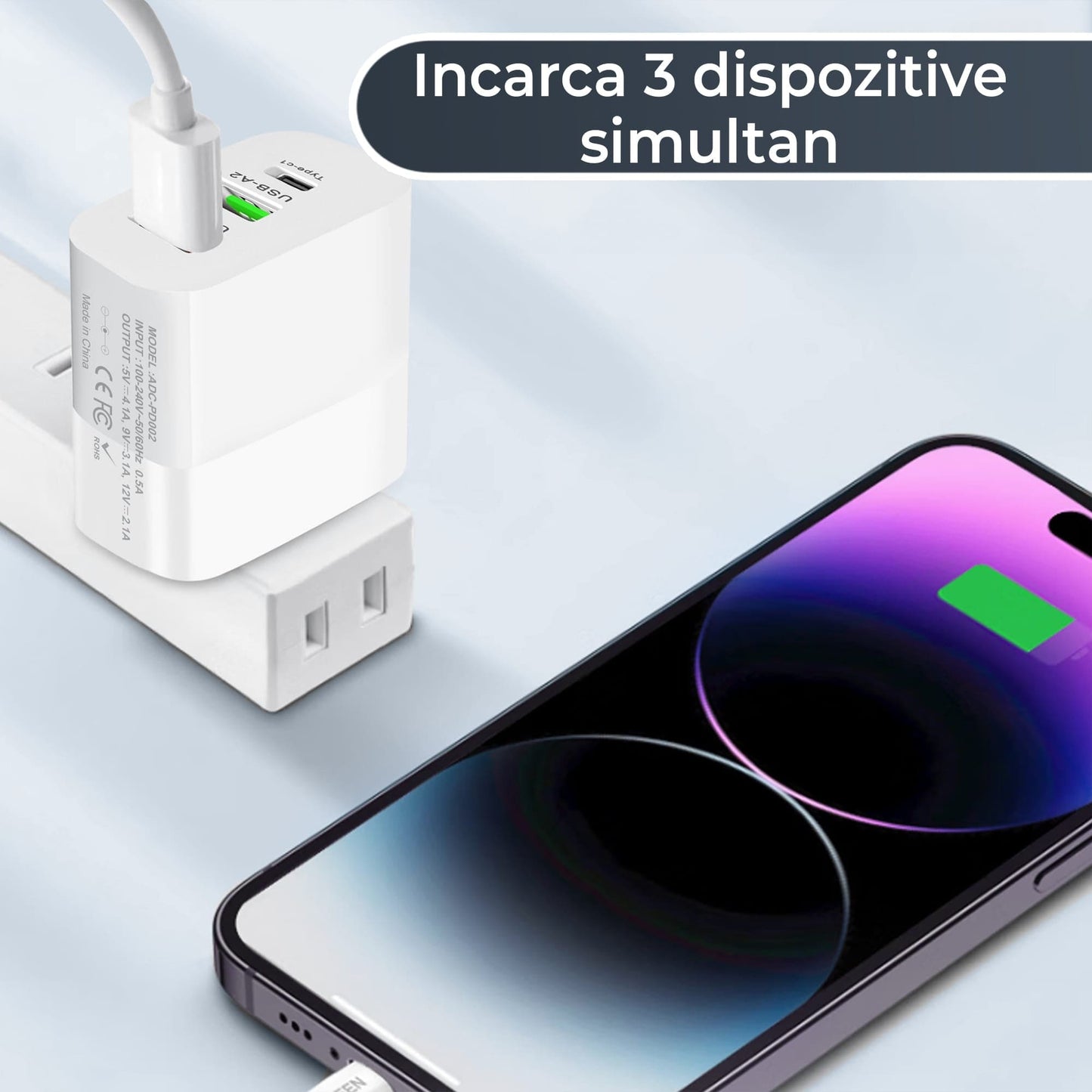 Incarcator Retea Timebox, 3 Porturi, 30W Fast Charge, 1 x Type-C, 2 x USB, LED, Negru