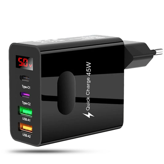 Incarcator Retea Timebox, 4 Porturi, 45W Fast Charge, 2 x Type-C, 2 x USB, Negru