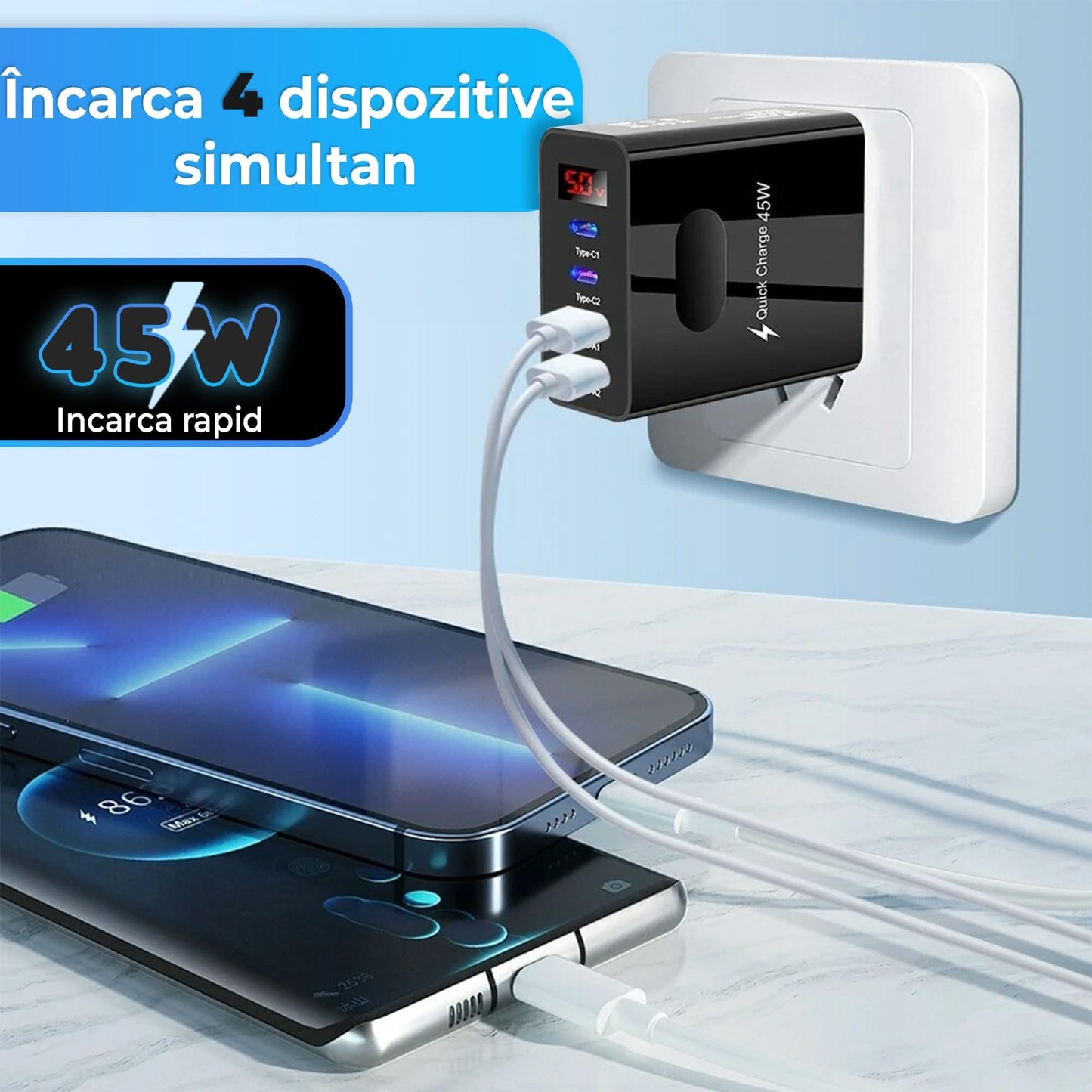 Incarcator Retea Timebox, 4 Porturi, 45W Fast Charge, 2 x Type-C, 2 x USB, Negru
