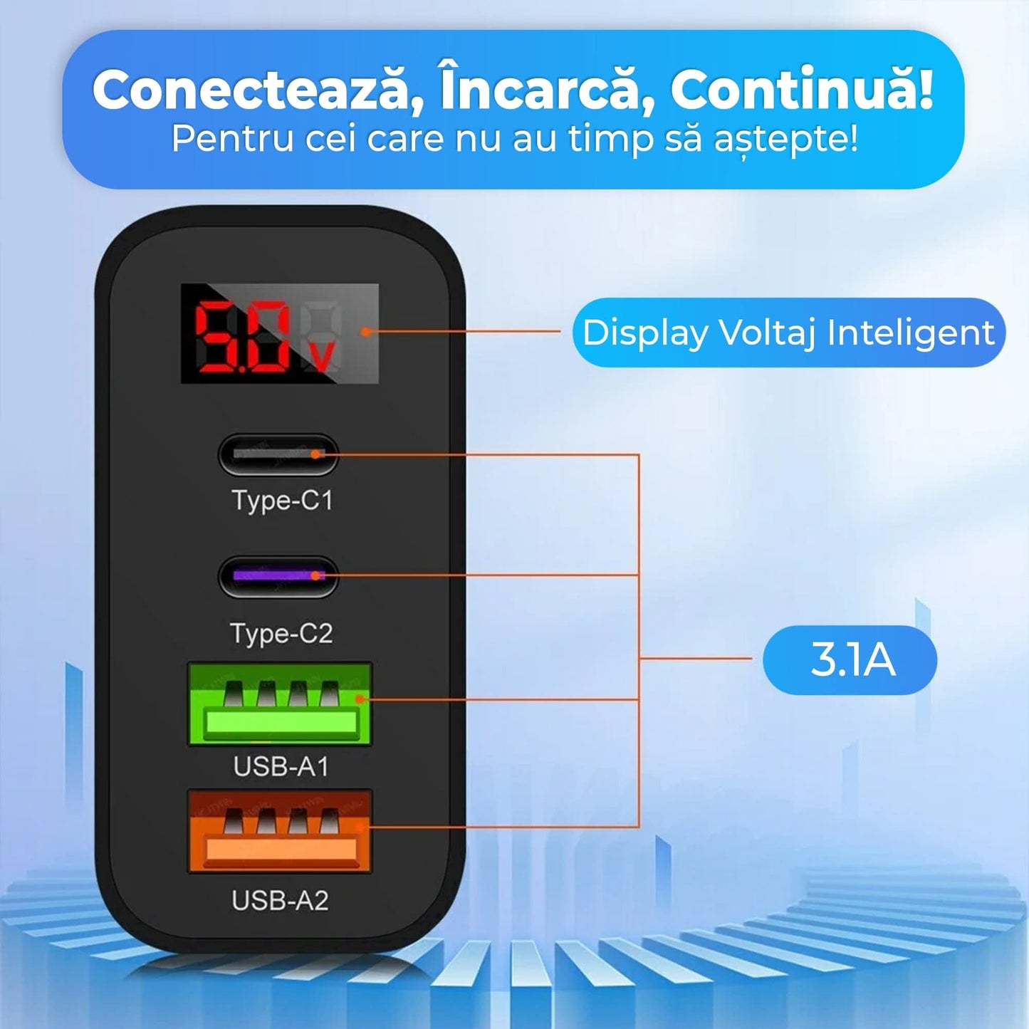 Incarcator Retea Timebox, 4 Porturi, 45W Fast Charge, 2 x Type-C, 2 x USB, Negru