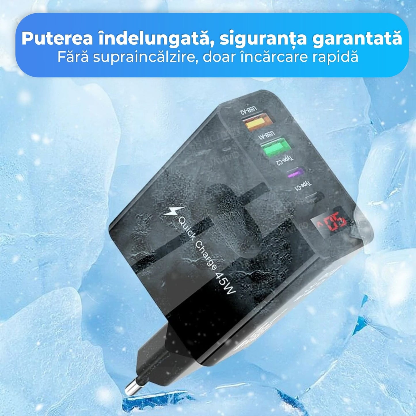 Incarcator Retea Timebox, 4 Porturi, 45W Fast Charge, 2 x Type-C, 2 x USB, Negru