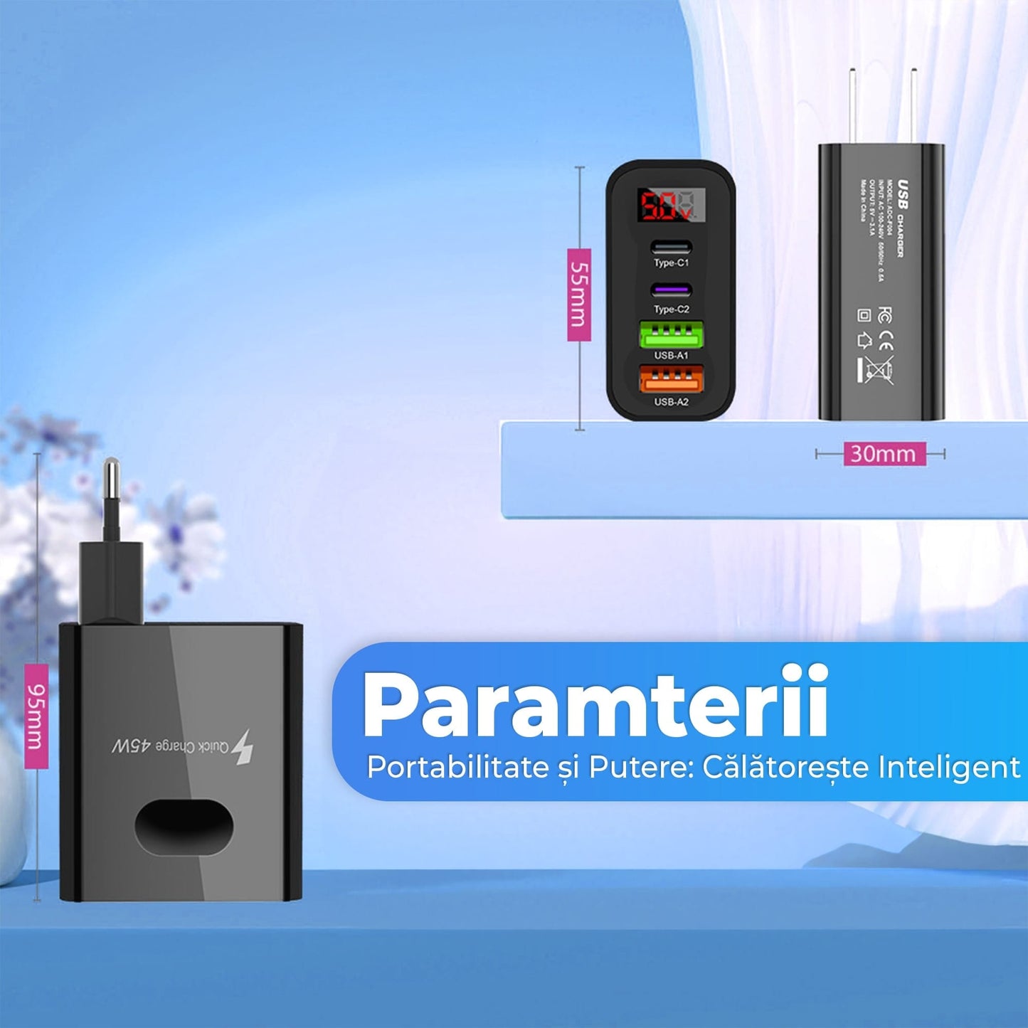Incarcator Retea Timebox, 4 Porturi, 45W Fast Charge, 2 x Type-C, 2 x USB, Negru